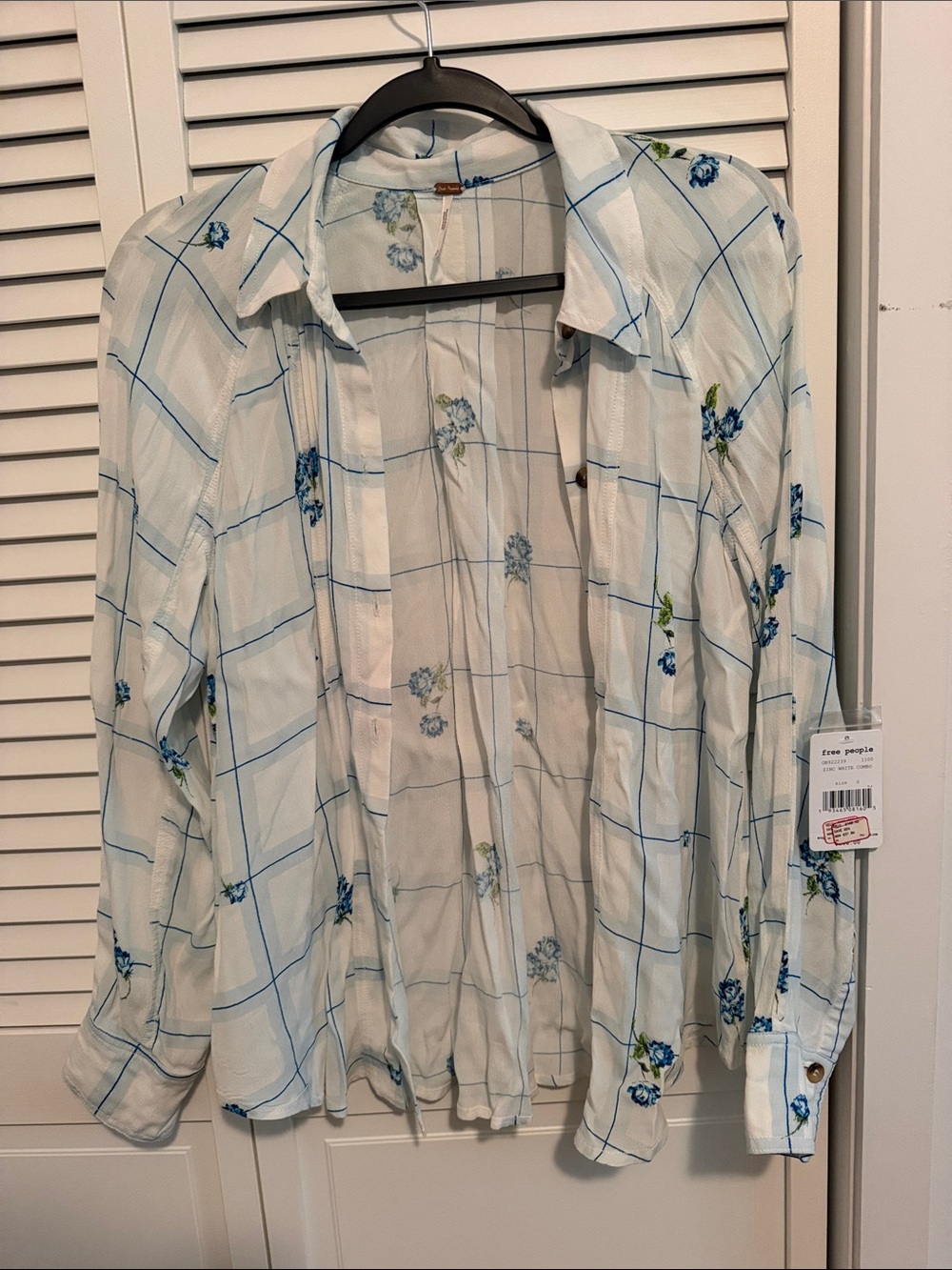 Free People Light Blue Floral Windowpane Button-Down Shirt
